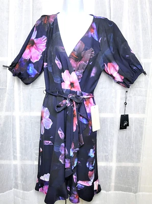 Adrianna Papell Midi Floral Wrap Dress Sz 8 Purple Hibiscus 3/4 Puff Sleeves - Image 1 of 4