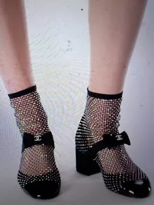 CHANEL 23S NEW TAGS GORGEOUS BLACK CRYSTAL BOOTS SHOES BOW GOLD CC EU38.5 - Picture 1 of 23
