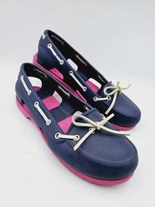 Crocs Womens UK 6 Beach Line Slip On Boat Shoes Navy Blue Pink Loafers Lace Up - Picture 1 of 10