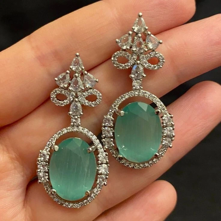 Simulated Aqua Emerald & White Sapphire Drop Dangle Engagement Bridal Earrings - Image 1 of 4