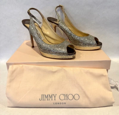 Jimmy Choo NOVA Tela Brillo Punta abierta Plataforma Tacones con Cordones, Talla 35 Foto 1 de 4
