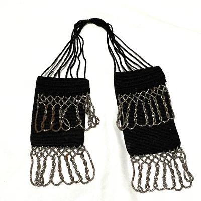 ANTIGUO Monedero Victoriano Negro Plata Vidrio Cuentas Doble Misers Solapa Crochet Foto 1 de 4
