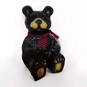 Sitting BLACK Bear Figurine Red Black Tartan Plaid Scarf 10"  - Picture 1 of 10