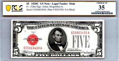 $5 1928-C Legal Tender MULE (FANCY SERIAL E76765896A) PCGS 35 CVF Fr. 1528m - Image 1 of 3