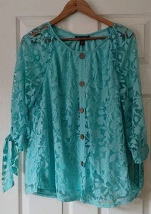 Nina Leonard button front tunic top with sheer sleeves with tie detail M - Picture 1 of 2