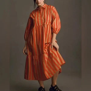 Maeve Anthropologie Bettina Midi Dress XS Petite Stripe Tiered Long Sleeve - Picture 1 of 7