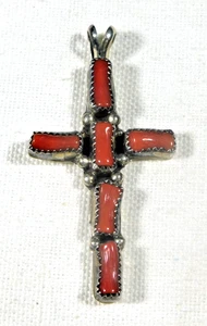 NAVAJO A L STERLING 6 Natural Branch CORAL HANDMADE Vintage CROSS PENDANT - Picture 1 of 3
