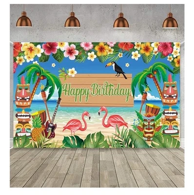 Summer Hawaiian Birthday Backdrop for Luau Party Large, white  - Image 1 of 2