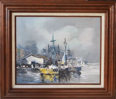 Vintage Original Oil Painting Coastal Navy Landscape Seascape with Boats  Framed - Image 1 of 4