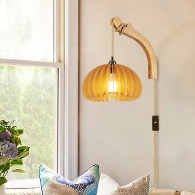 Farmhouse Wall Sconce Plug in Wall Light with Wood Shade on/off Switch for Read - Image 1 of 4