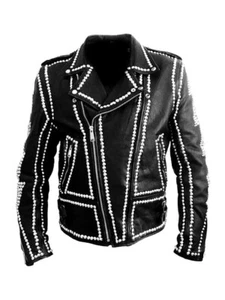 Chaqueta de cuero hecha a mano para hombre Rockers estilo gótico punk negro y plateado - Imagen 1 de 3