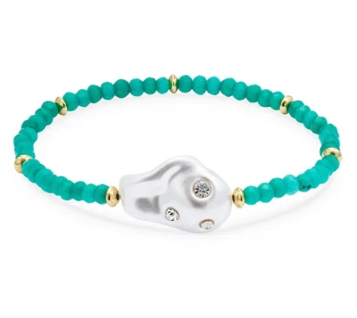 PULSEIRA AQUA PAVE SHELL TINGIDA COM MIÇANGAS QUARTZO STRETCH VERDE BRANCO 7,25" NOVA COM ETIQUETAS - Imagem 1 de 4