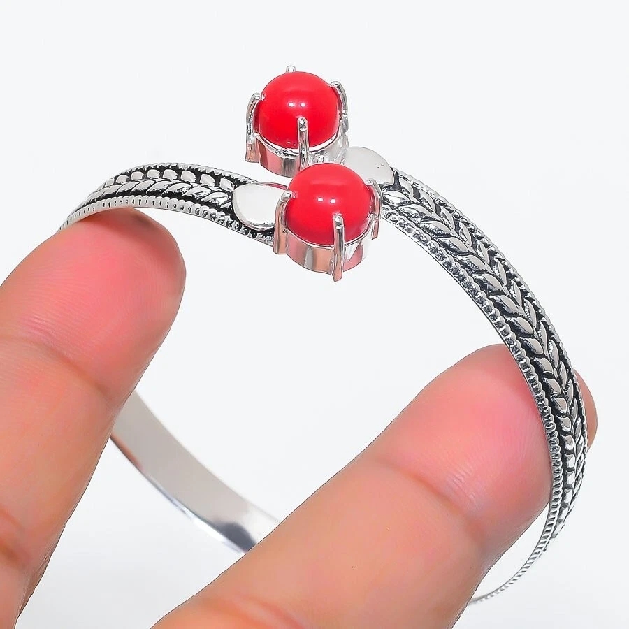 Red Coral Gemstone 925 Sterling Silver Jewelry Adjustable Cuff Bracelet - Image 1 of 1