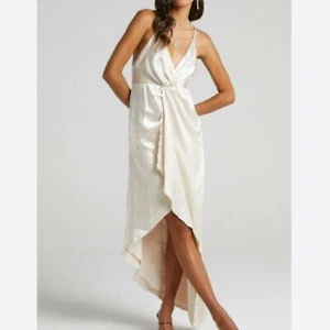 Showpo Jayne Twist Front Maxi Dress in Champagne Satin Beige Color - Picture 1 of 6