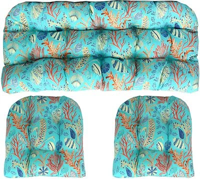 RSH Décor Outdoor 3 Piece Wicker Loveseat Chair Cushion Set, Sundream Blue Reef - Image 1 of 4