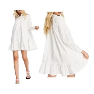 ASOS weißes minimalistisches klassisches Popeline-Baumwollkleid gesmoktes Minihemd mit Pep-Saum 6 - Bild 1 von 6