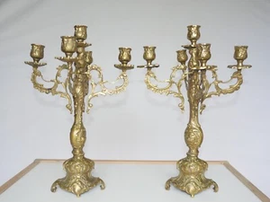 antique solid brass French 4 arms for 5 candles holders candelabra pair 2 pcs - Picture 1 of 12