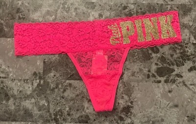 NUEVO CON ETIQUETAS BRAGAS TANGA VICTORIA'S SECRET ROSA S ORO BRILLO LOGOTIPO ENCAJE FLORAL RARAS Foto 1 de 4