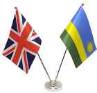 Union Jack & Rwanda Friendship Flags Chrome & Satin Table Desk Flag Set