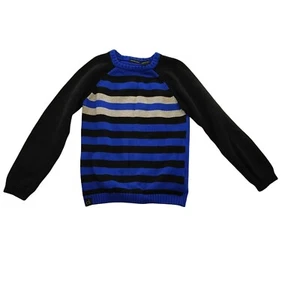 Calvin Klein Crew Neck Sweater Boys Size 6 Blue Black Striped Long Sleeve Cotton - Picture 1 of 4