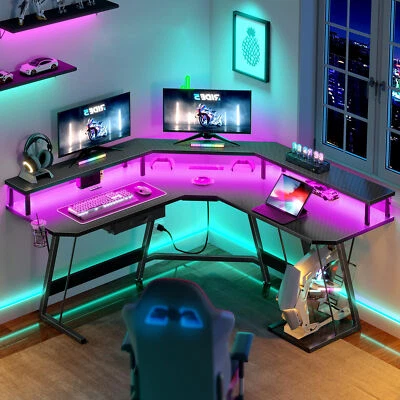 L-Shaped Gaming Desk Corner Table Computer Desk with RGB Light & Power Outlets - Image 1 of 4