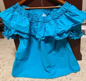 Turquoise ruffled Mexican Spanish square-dance blouse Soutache women’s size XL - Picture 1 of 3