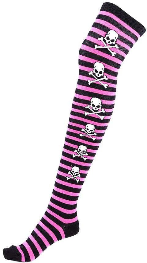 OVERKNEE SOCKEN SKULL Totenkopf Schwarz-pink gestreift - Bild 1 von 1
