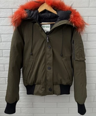 Kenzo Duck Down Feather Bomber Jacket With Fur Full Zip Green Womens Size M - Image 1 of 4