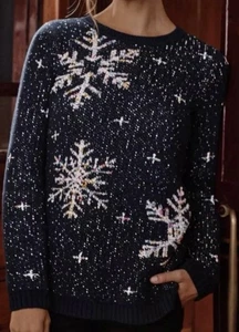 J. Jill Damen Oberteil Gefleckt Grob Schneeflocke Pullover Navy Blau Gr. M Baumwollmischung - Bild 1 von 8