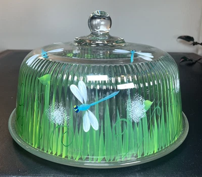 Prato e cúpula de bolo vintage de vidro pintados à mão libélula - Imagem 1 de 4