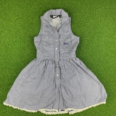 Vintage DKNY Navy White Gingham Sleeveless Pearl Snap Lined Tulle Shirt Dress 6X - Image 1 of 4