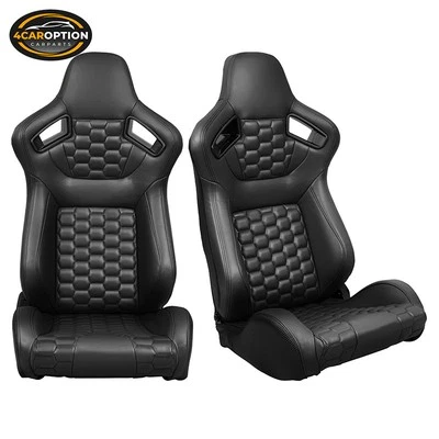 Pair Of Universal Honeycomb Racing Seats + Dual Slider Black PU Leather Foto 1 de 4