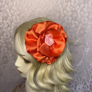 Ooak Taissa Lada Orange And Pink Hand Made Satin Flower Hair Tiki Wedding Retro - Picture 1 of 6