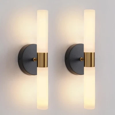 Wall Sconces Set of Two Black and Brass Lamp Sconces Lighting with White Glas... - Image 1 of 4