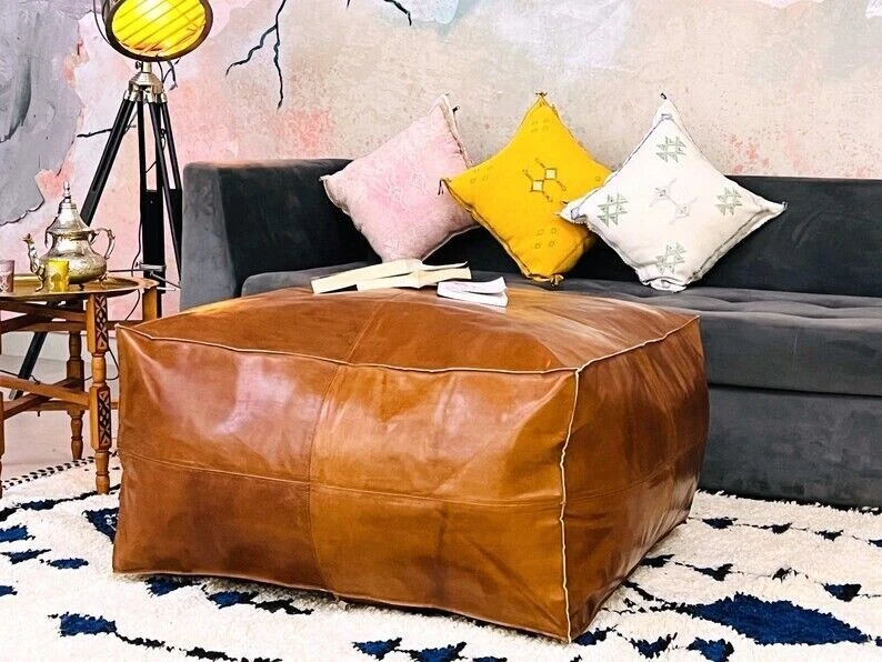 Boho Pouf Unstuffed New Brown Square 30'' Vintage Wonderful Handcraft Footrest - Image 1 of 4