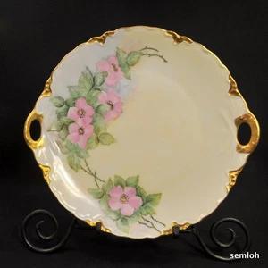 Bavaria Hutschenreuther 11" Cake Plate Hand Painted Pink Roses w/Gold 1932-1939 - Picture 1 of 12