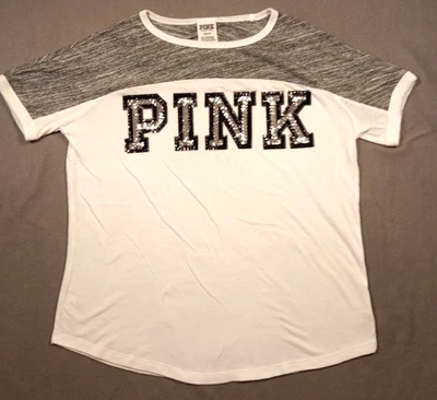 Victorias Secret Pink Bling Campus Tee Shirt Women's White Sequins Shine Gray - Image 1 of 4