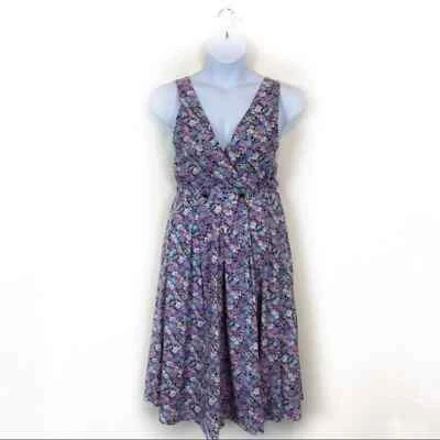 Floral Jumper Dress Handmade Women's Size Large Purple Sleeveless V Neck - Image 1 of 4