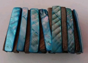 Wide Blue Abalone Stretch Bangle Bracelet Blue Mother of Pearl One Size - Picture 1 of 2
