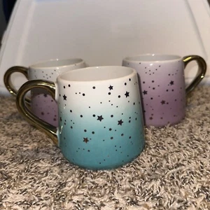 3er Set große Saison der Liebe himmlische Kaffeetassen blaugrün lila Ombre goldene Sterne - Bild 1 von 9