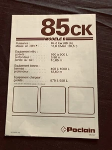 BROCHURE CATALOGUE TECHNIQUE GRUE PELLE POCLAIN 85 CK DE 1982 - Foto 1 di 3