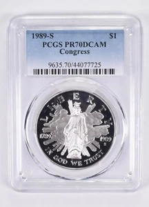 1989-S PR70 Congress Bicentennial Commemorative Dollar PCGS Blue Label - Picture 1 of 5