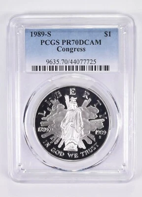 1989-S PR70 Congress Bicentennial Commemorative Dollar PCGS Blue Label - Image 1 of 4