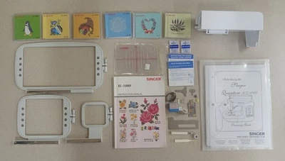 Singer Quantum XL-1000 lot 3 embroidery Hoops, 6 cards, manual, walking foot etc - image 1 of 4