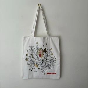 Clarins weißer Stoff starke Canvas Tasche mit Mädchen in Büschen Grafik 14”x 16” - Bild 1 von 7