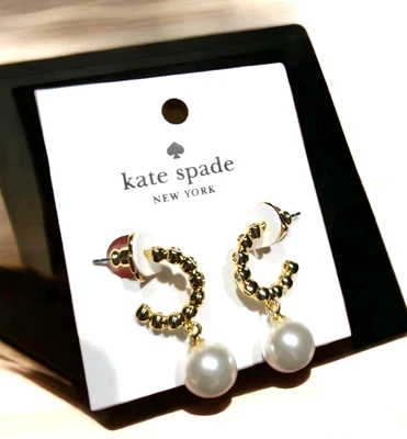 Kate Spade New York Gold Tone Pearl Drop Hoop Earrings Clear Rhinestones Elegant - Image 1 of 4
