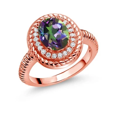 2.56 Ct Oval Green Mystic Topaz 18K Rose Gold Plated Silver Halo Engagement Ring - Image 1 of 3