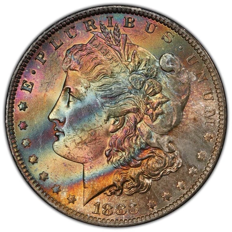 1883-O Morgan Dollar PCGS MS63 Vibrant Lashes of Color Rainbow Toned W/Video Cover