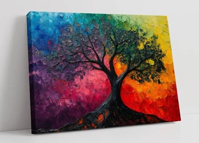 RAINBOW COLOURFUL TREE OIL PAINTING STYLE  -FRAMED CANVAS WALL ART PICTURE PRINT - Image 1 of 2