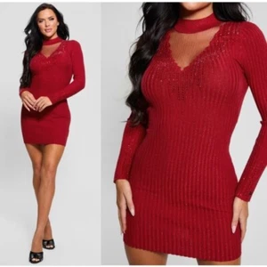 NWT GUESS $128 Alice Rhinestone Bodycon Sweater Mini Dress in Red Size M - Picture 1 of 10